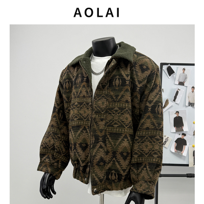 民族风翻领羊羔绒外套男款冬季加厚棉服潮牌针织提花短款毛呢大衣