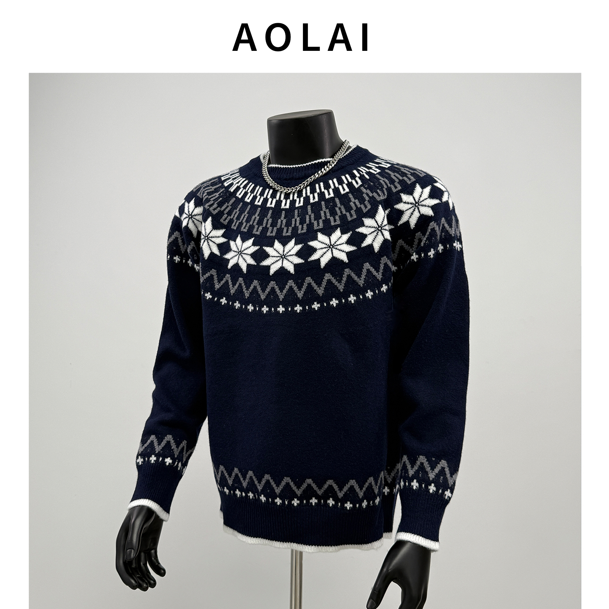 秋冬季费尔岛美式复古慵懒学院风图腾提花套头圆领毛衣针织衫男女