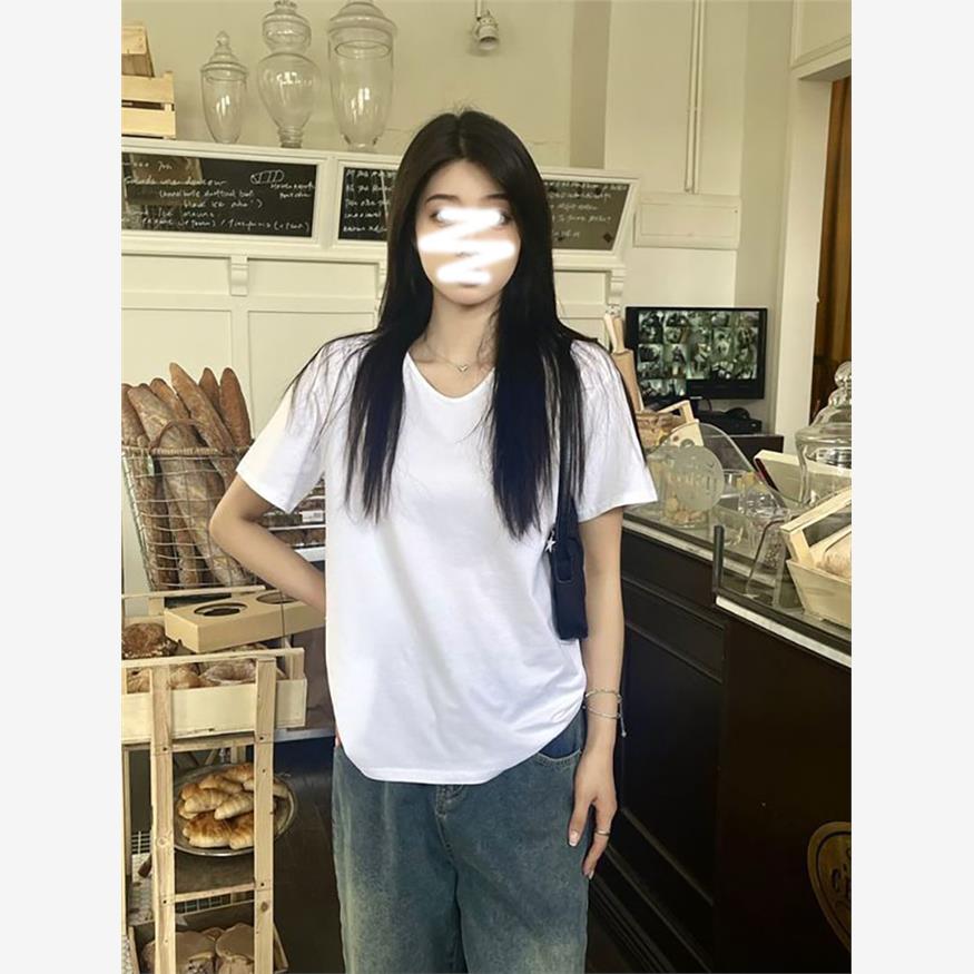 纯棉白色v领正肩短袖t恤女装夏季2025新款宽松纯色百搭体恤上衣服
