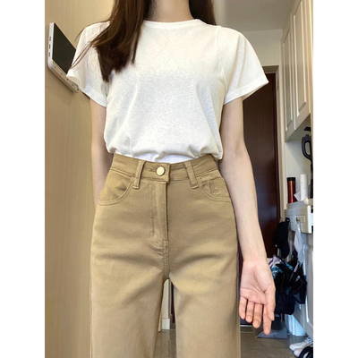 卡其色高腰直筒牛仔裤女春秋新款