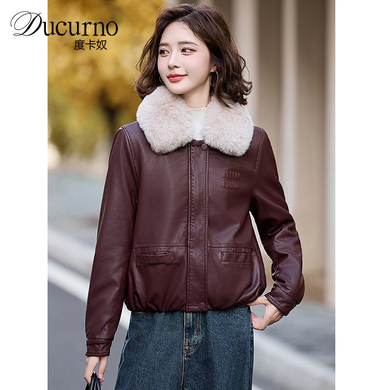 Ducurno时尚加绒皮衣2025年冬季新款时尚宽松加厚皮夹克外套女士