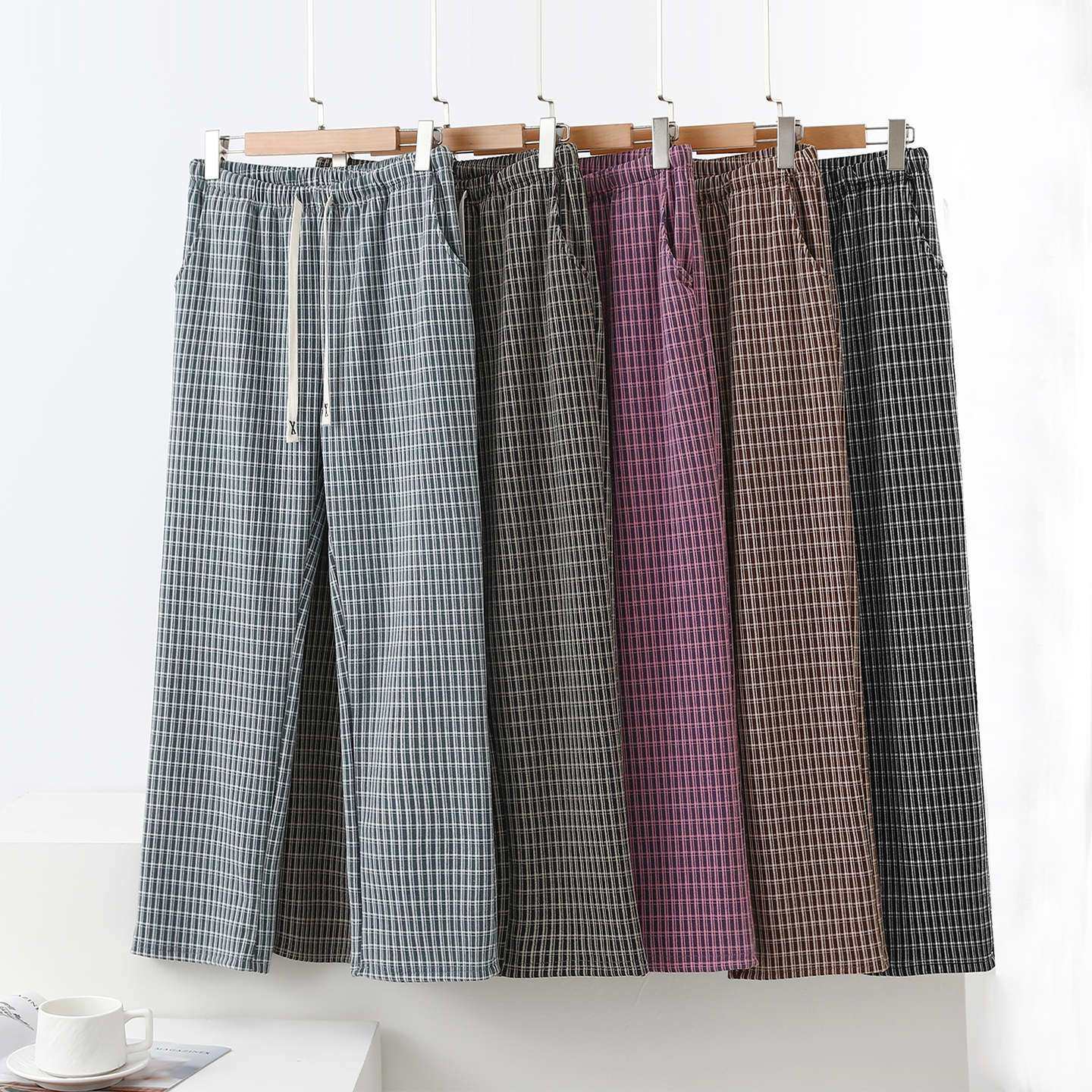 冬季休闲裤阔腿直筒裤新款双面绒格子裤女大码宽松口袋家居裤长裤