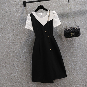 RM12977#夏季新款胖MM拼色时尚链条不规则修身显瘦假两件连衣裙