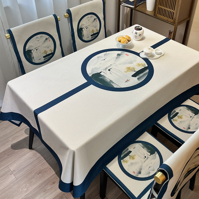 新中式山水画桌布布艺棉麻餐椅套罩长方形实木桌盖布茶几布防烫