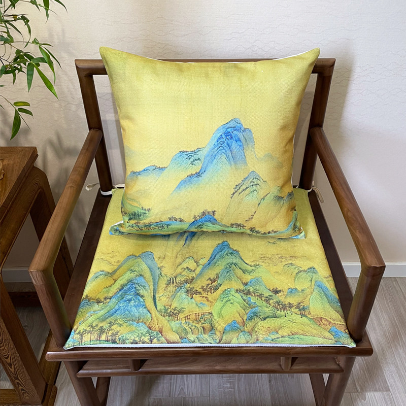 千里江山图茶室椅子垫坐垫实木椅垫新中式太师椅防滑抱枕加厚棉麻