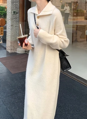 韩版新款女式毛衣时尚针织连衣裙纽扣翻领宽松长款内搭套头毛衣裙