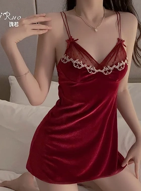 瑰若内衣深V聚拢浪漫丝绒女吊带睡裙舒适外袍家居服纯欲套装1707