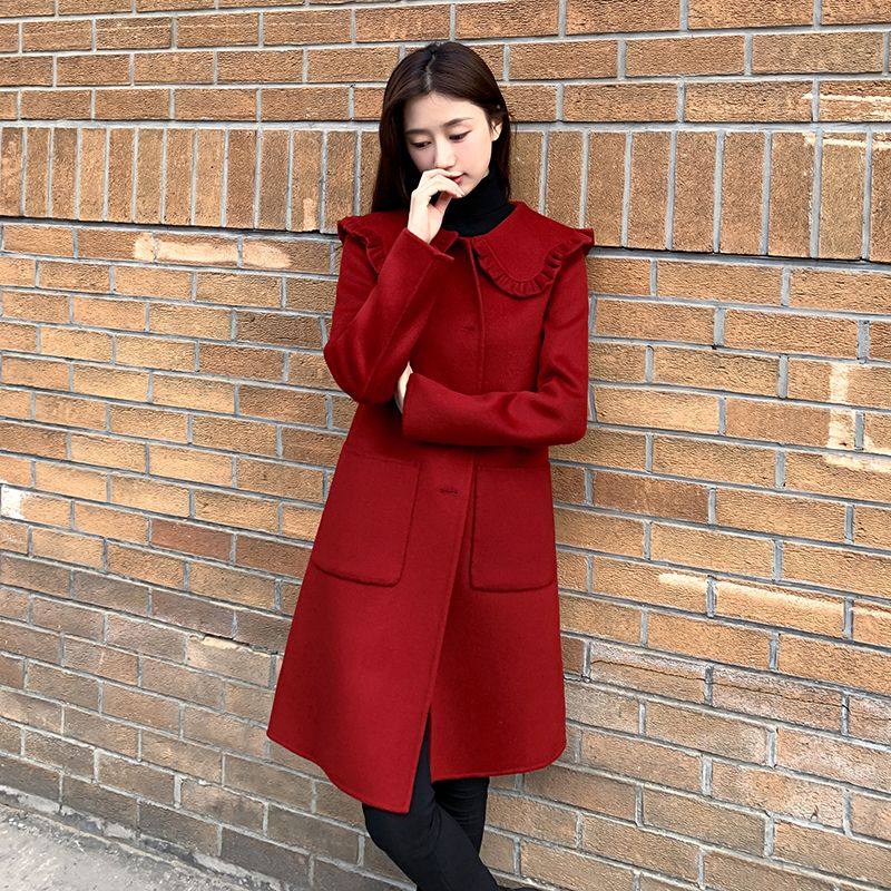 红色大衣女2025新款冬娃娃领中长款小香风结婚小个子毛呢外套