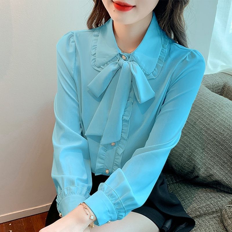 2025新款春装夏洋气蝴蝶结长袖衬衫女修身百搭时尚爆款小衫女上衣