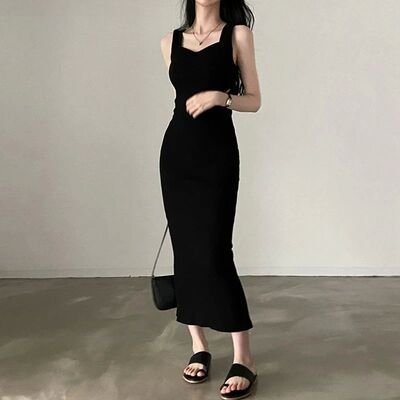 Myufon Basic Knit Long Dress Korean Fashion Square Collar Sl