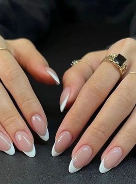 24Pcs French False Nails Almond Fake Nails with Glue Press o