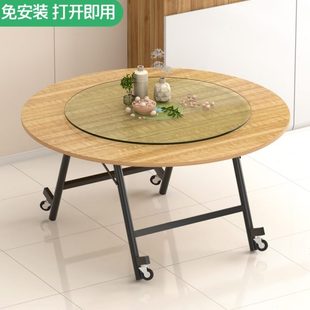 家用折叠桌简约可移动圆形餐桌酒店玻璃转盘大圆桌面10人吃饭桌子