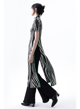 APOZi collection 溯源系列 印花复古长旗袍连衣裙短袖高开衩旗袍