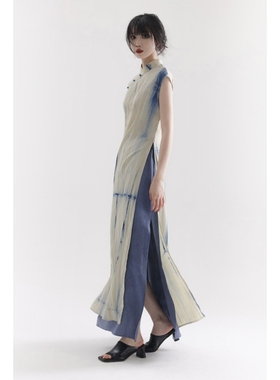 APOZi collection 限定蓝染系列高开衩旗袍淑女新中式民族风斜襟