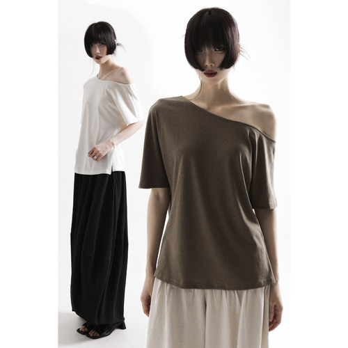 APOZi collection【流白观】斜肩针织上衣女夏宽松随性慵懒风短袖