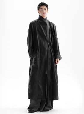 APOZi collection/镜水浮金/黑色长款高领流浪pu皮衣高个子皮大衣