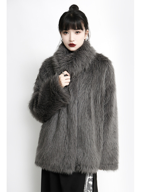 Apozi迷藏系列 灰色短毛环高领保皮草外套女2022秋冬新款保暖大衣