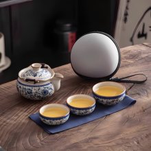 青花汝窑旅行茶具套装便携式一壶三杯陶瓷快客杯户外泡茶喝茶杯子