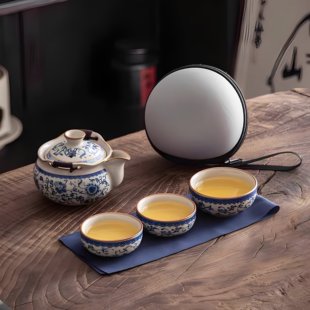 便携式 青花汝窑旅行茶具套装 一壶三杯陶瓷快客杯户外泡茶喝茶杯子