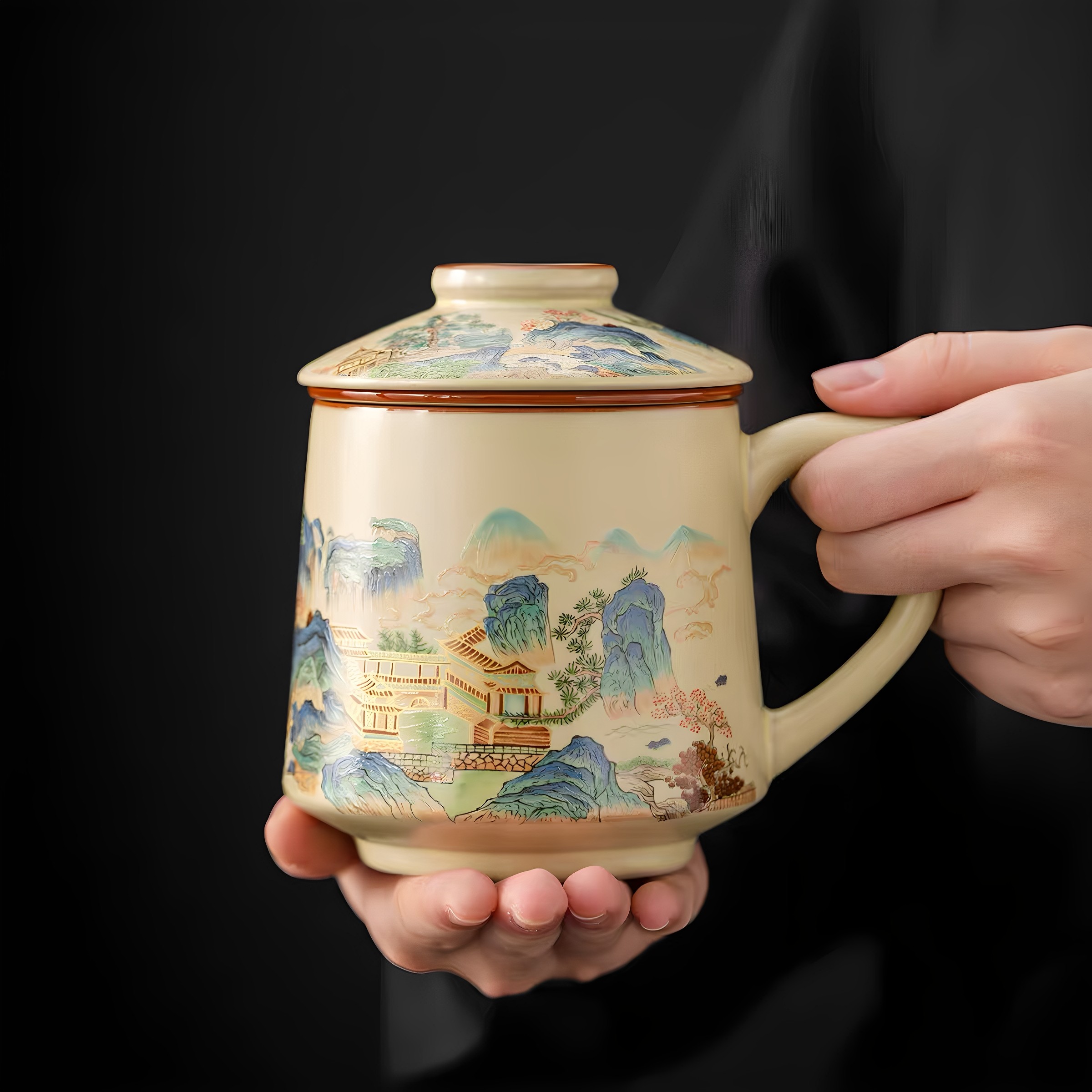 汝窑茶杯陶瓷个人专用茶水分离高档泡茶办公杯家用带盖过滤马克杯