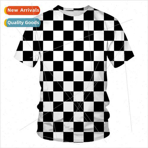 Summer new plaid dazzle swirl round neck T-shirt 3D digital