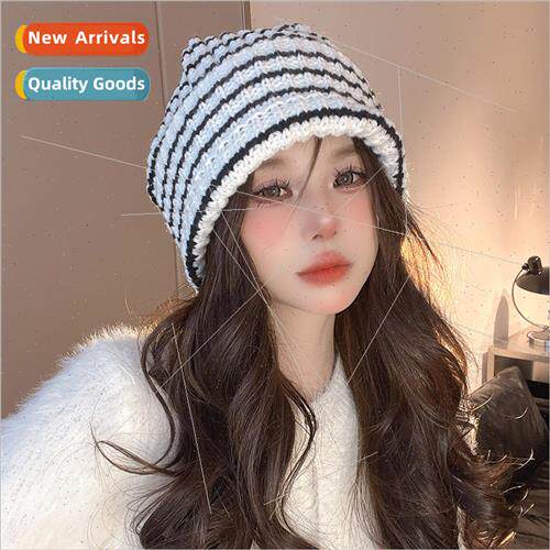 Autumn and winter hat female color blocking striped knit cap
