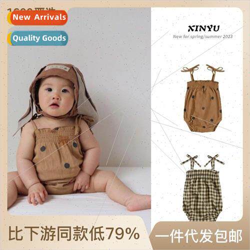 Summer baby girl plaid polka dot sling halter pajamas wrap a