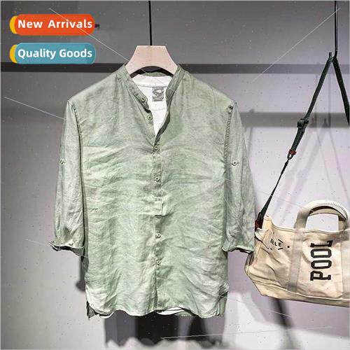 Summer solid color linen medium-sleeved shirt men Japanese s