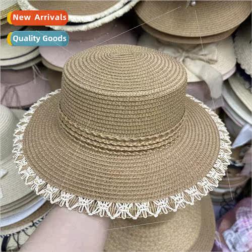Summer woven straw hat color combination lace flat top hat s