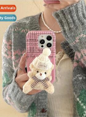 Ins  cute plush hat bear stand 适用 iPhone 13/14 phone case