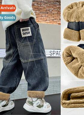 Childrens clothing boys padded pants winter jeans thickened