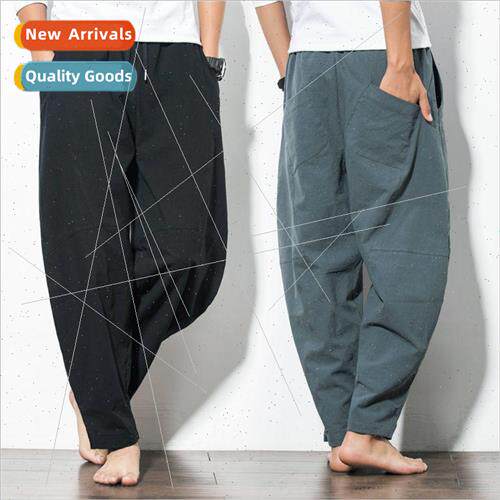 Cotton and linen nine-minute pants mens summer large size Ta