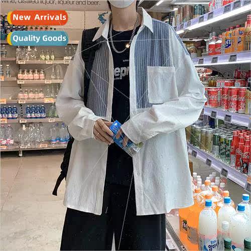 Striped splicing long-sleeved shirt mens design sense of Hon
