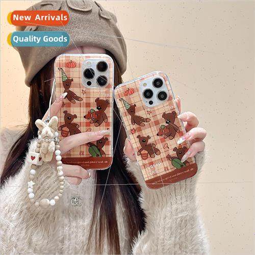 Niche plaid cute teddy bear 适用 Apple 13 chain 14ProMax pho
