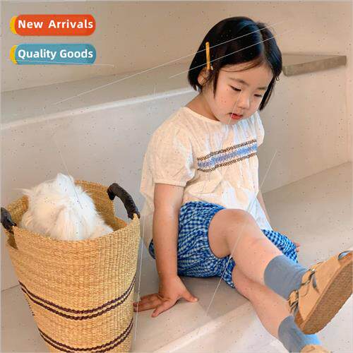 Korean summer new girls doll shirt top plaid bud shorts two-
