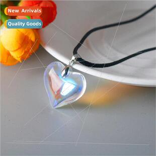 Korea stained glass love heart necklace ladies simple peach