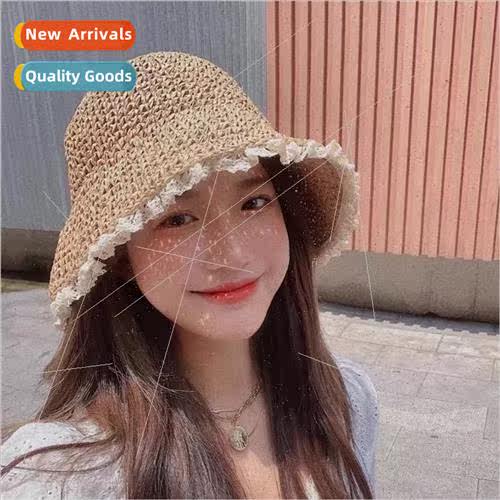 Lace edge straw hat female summer sweet retro fisherman hat