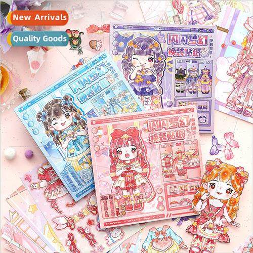 Glitter fantasy dress up sticker book cute girl scene dress