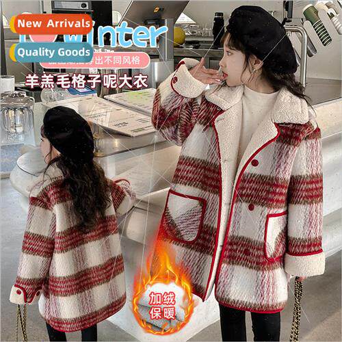 Girls tweed coat 2023 new fall and winter  thickened and vel