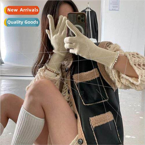 Gloves female winter new Korean warm wind ins pearl inlaid o