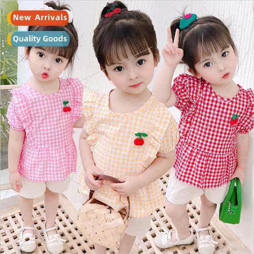 New childrens dress 2023 summer cherry solid color plaid dre