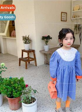 Korean childrens 2021 spring and fall new girls plaid dress