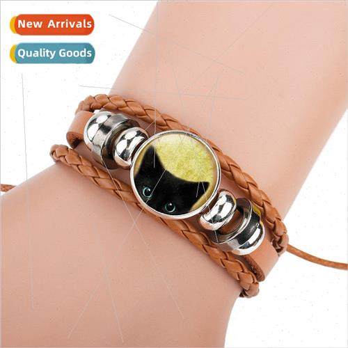 New Multicolor Black Cat Head Time Gemstone Cowhide Bracelet