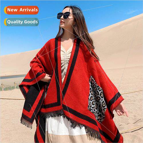 Leopard Print  Pocket Split Shawl Women Thickened Warm Tasse