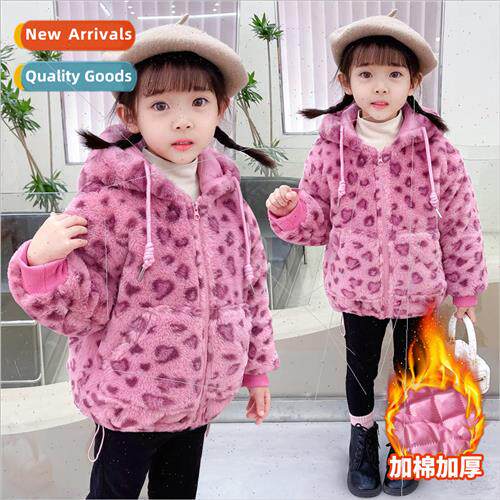 Girls pink leopard fleece jacket cotton thickened baby winte
