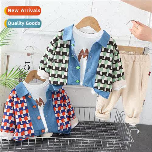 Childrens spring new suit Korean  of the plaid splicing cott