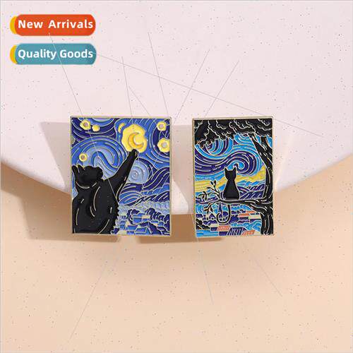 Starry ght Van Gogh Art Painting Brooch Geometric Badge Blac
