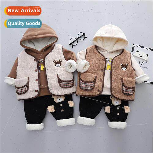 2023 winter new childrens pockets bear vest hooded sweater t