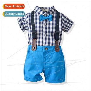 summer plaid bow suit tie shirt male sleeved Childrens short
