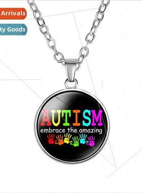 Autism Red Ribbon Puzzle Pendant Necklace Caring Theme Colle